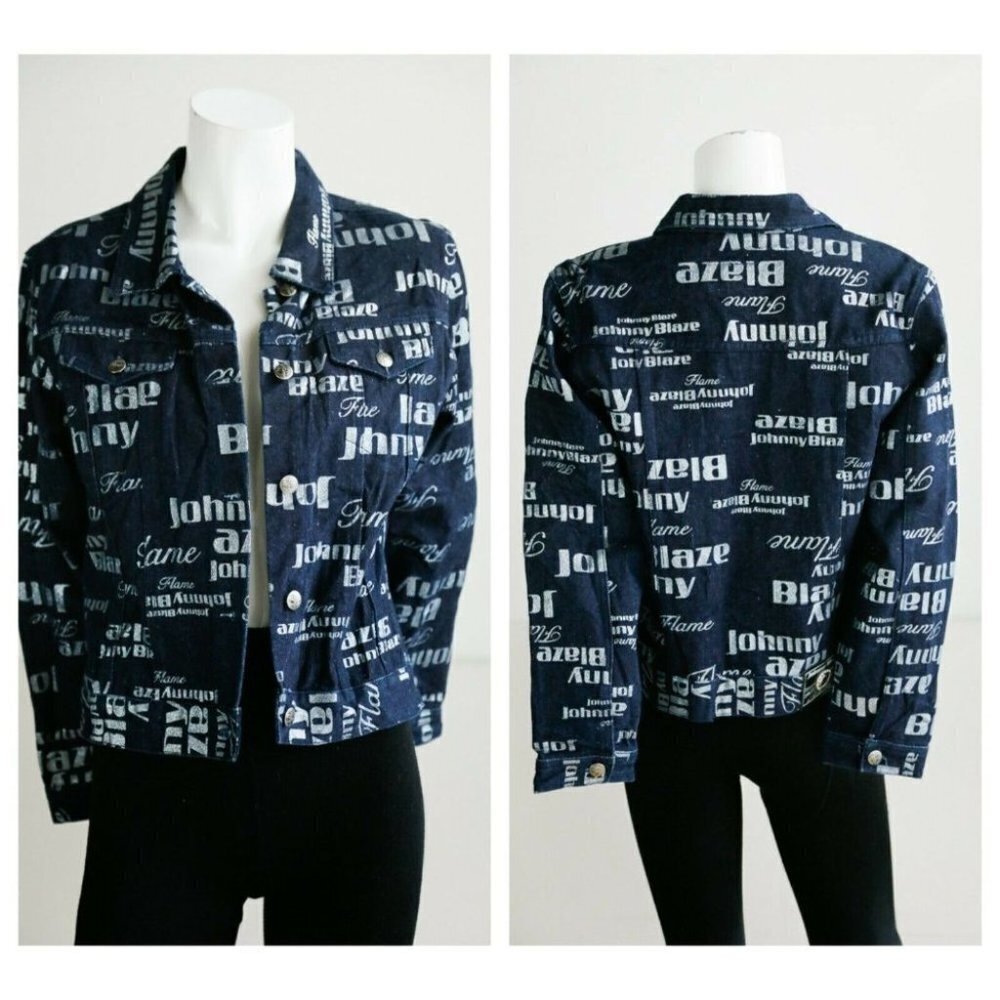 Vintage Johnny Blaze Flame Dark Denim All Over  Print Women's Jacket M